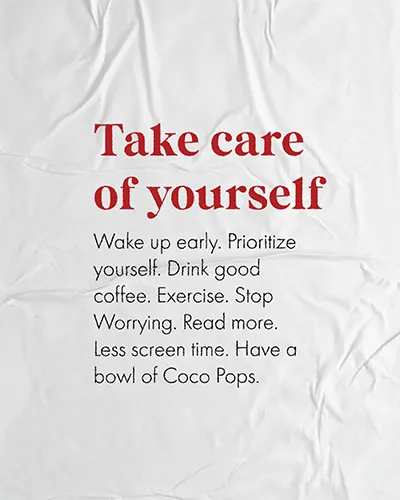 Typographic post on crumpled white paper reading 'Take care of yourself', followed by a list of simple self-care tips