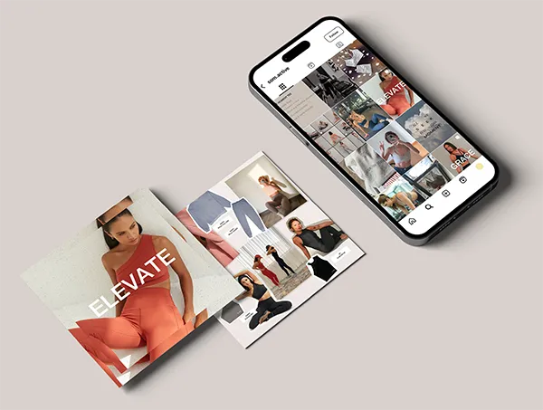 Phone showing the SOM Active Instagram grid beside two printed posts: an 'Elevate' graphic and a product collage
