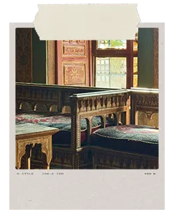 Interior of a Damascene courtyard home with carved wooden furniture